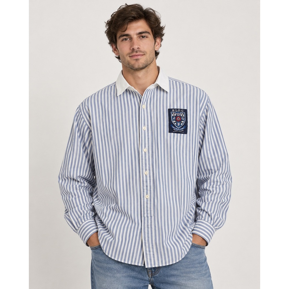 Polo Ralph Lauren RLPC Crest Stripe Rugby Oxford Shirt Blue White Mens XL